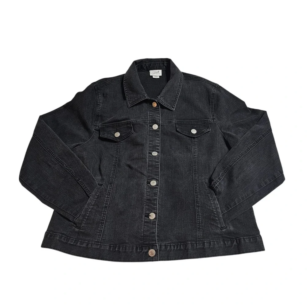 Jaclyn Smith Collection Denim Jacket Button Front‎ Black Jean Jacket XL